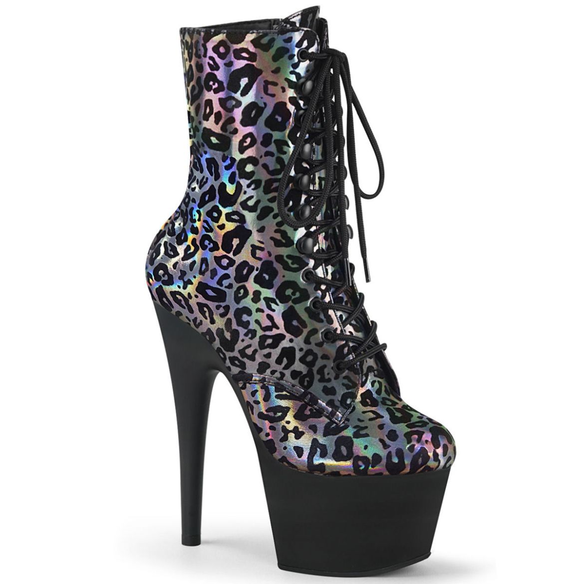 Product image of Pleaser ADORE-1020LP Pewter Animal Print Print Holographic/Black Matte 7 inch (17.8 cm) Heel 2 3/4 inch (7 cm) Platform Lace-Up Front Ankel Boot Side Zip Ankle Boot