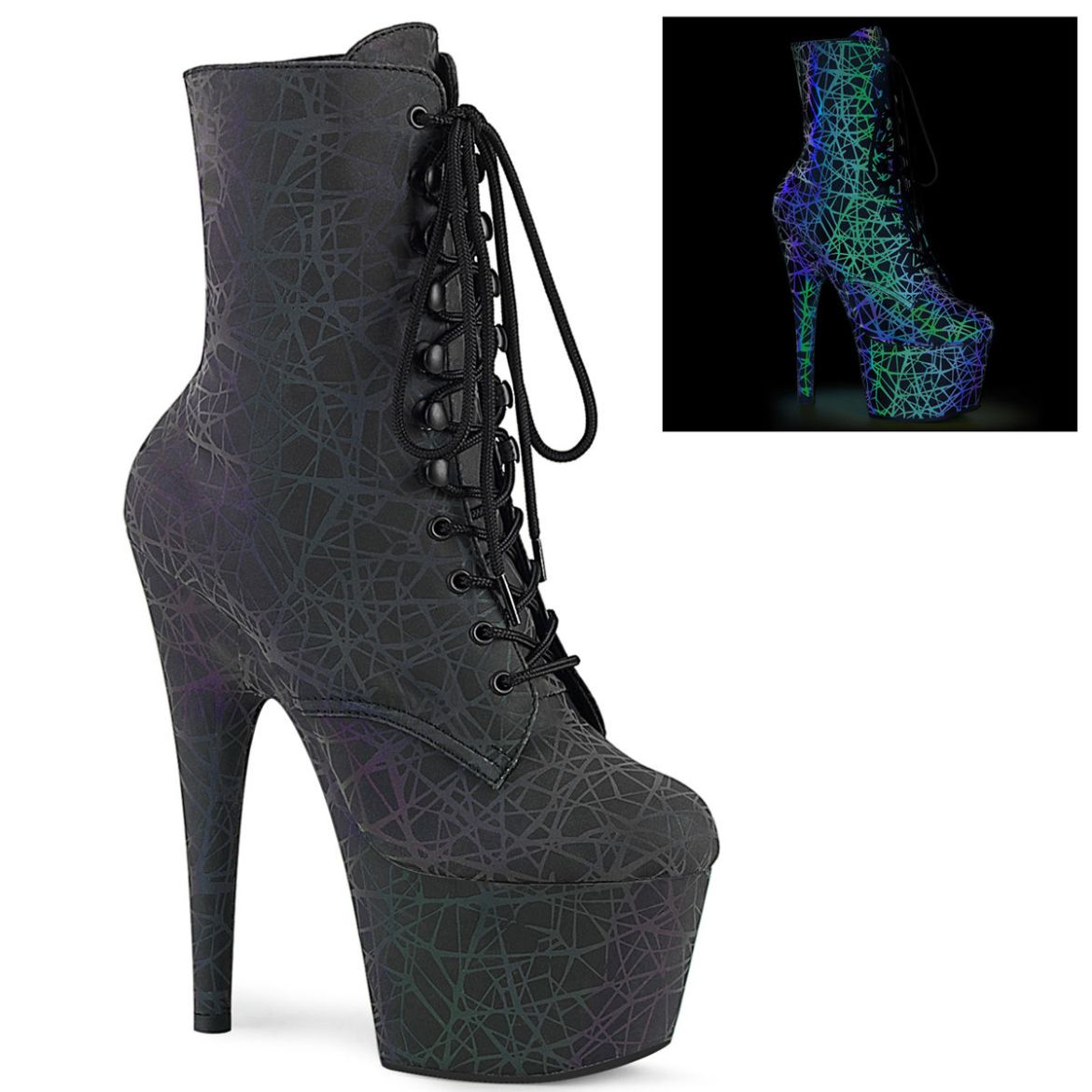 Product image of Pleaser ADORE-1020REFL Green-Purple Refl./Green-Purple Refl 7 inch (17.8 cm) Heel 2 3/4 inch (7 cm) Platform Lace-Up Front Ankle Boot Side Zip