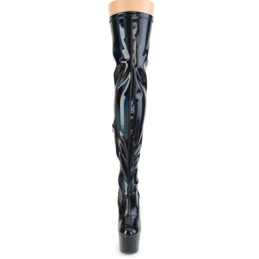 Product image of Pleaser ADORE-3000HWR Black Stretch Holographic/Black Holographic 7 inch (17.8 cm) Heel 2 3/4 inch (7 cm) Platform Stretch Thigh Boot Side Zip Thigh High Boot