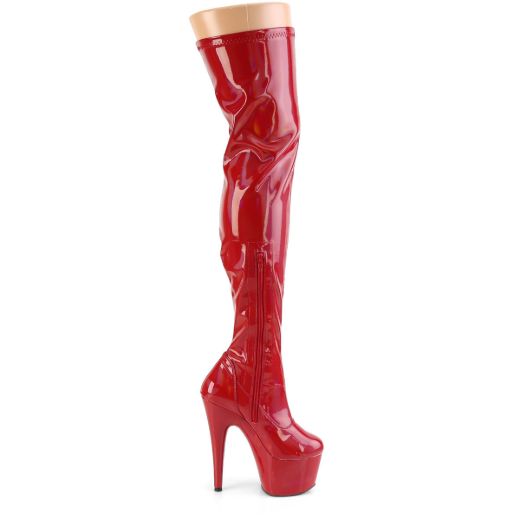 Product image of Pleaser ADORE-3000HWR Red Stretch Holographic/Red Holographic 7 inch (17.8 cm) Heel 2 3/4 inch (7 cm) Platform Stretch Thigh Boot Side Zip Thigh High Boot