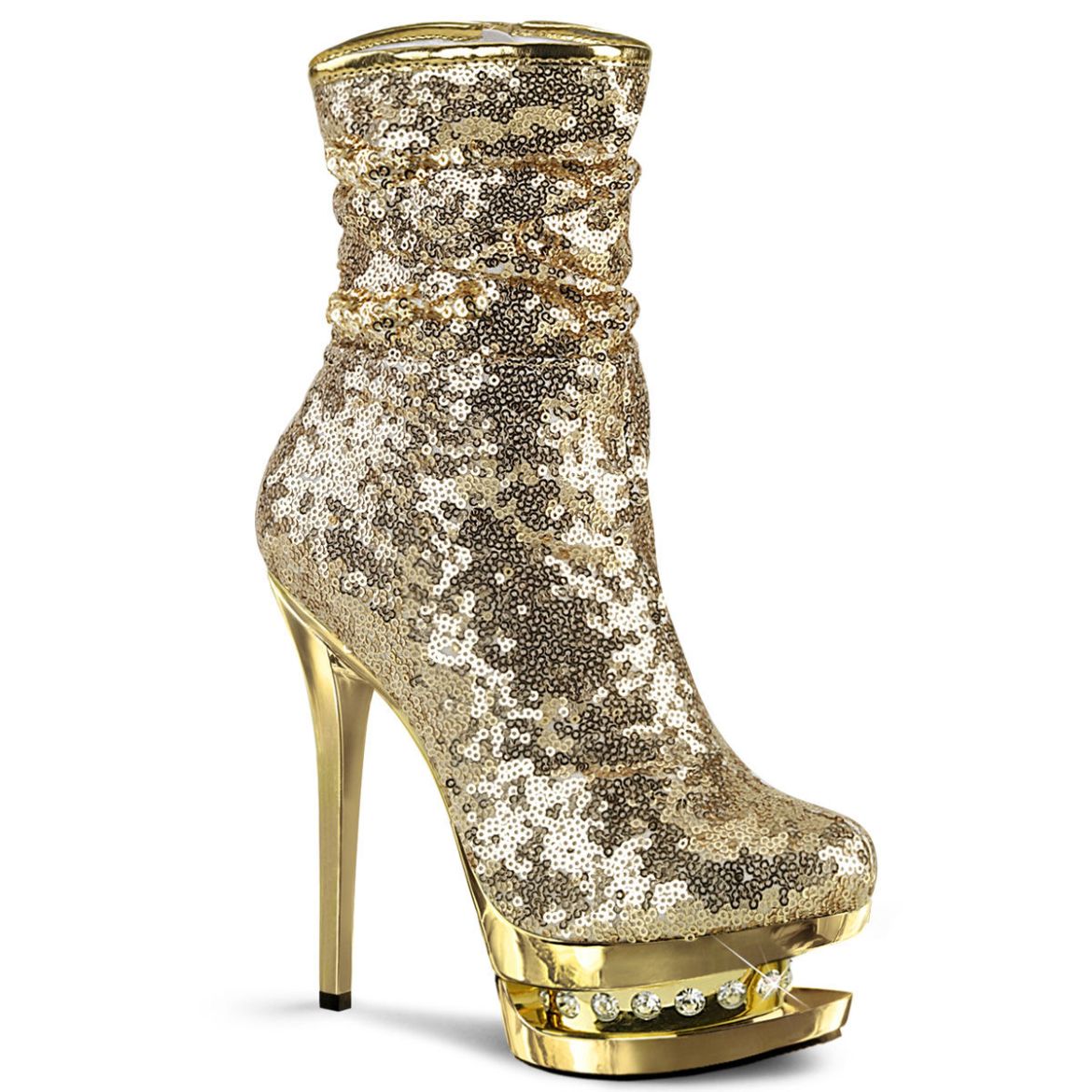 Product image of Pleaser BLONDIE-R-1009 Gold Sequins/Gold Chrome 6 inch (15.2 cm) Heel 1 1/2 inch (3.8 cm) Platform Sequins Ankle Boot Side Zip