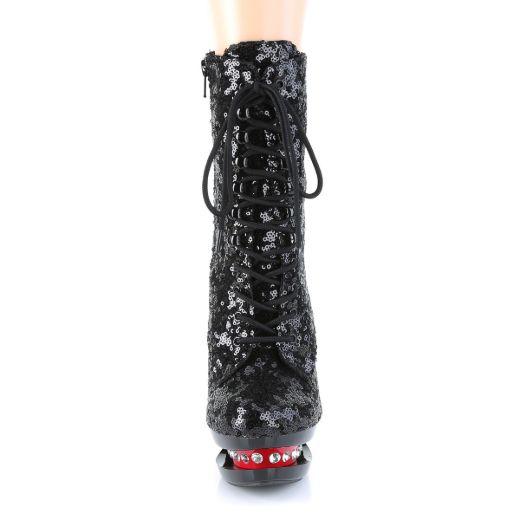 Product image of Pleaser BLONDIE-R-1020 Black Sequins/Black-Red 6 inch (15.2 cm) Heel 1 1/2 inch (3.8 cm) Platform Two Tone Lace-Up Sequins Ankle Boot