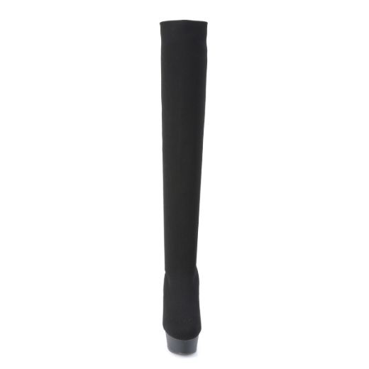 Product image of Pleaser DELIGHT-3002-1 Black Stretch Knit Fabric/Black Matte 6 inch (15.2 cm) Heel 1 3/4 inch (4.5 cm) Platform Pull-On Stretch Knit Thigh Boot Thigh High Boot