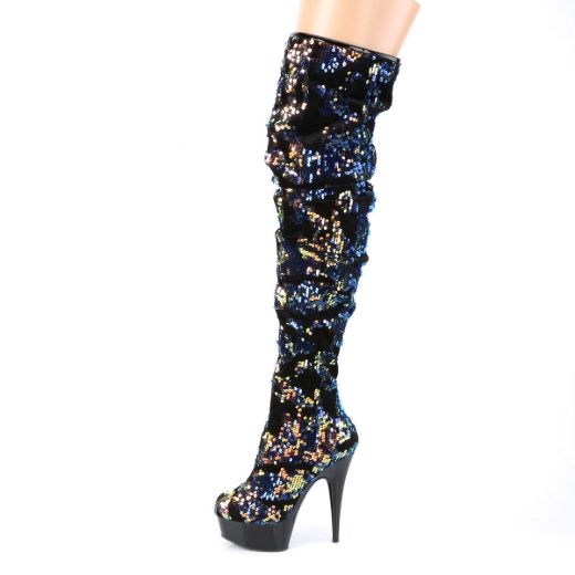 Product image of Pleaser DELIGHT-3004 Blue Iridescent Sequins/Black 6 inch (15.2 cm) Heel 1 3/4 inch (4.5 cm) Platform Slouch Thigh Boot Side Zip