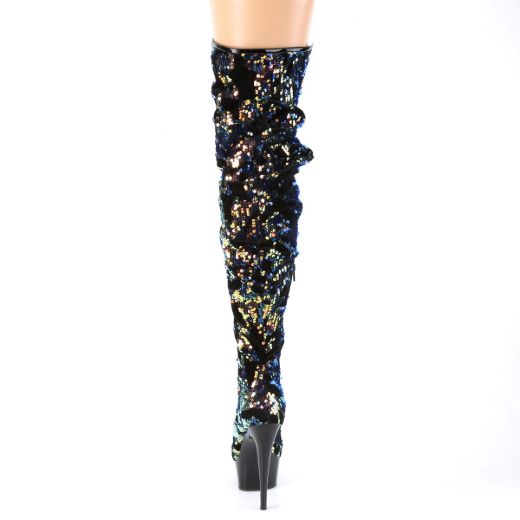 Product image of Pleaser DELIGHT-3004 Blue Iridescent Sequins/Black 6 inch (15.2 cm) Heel 1 3/4 inch (4.5 cm) Platform Slouch Thigh Boot Side Zip