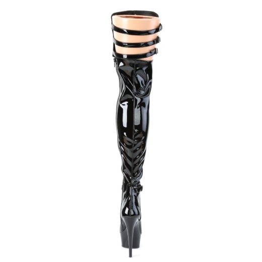 Product image of Pleaser DELIGHT-3055 Black Stretch Patent/Black 6 inch (15.2 cm) Heel 1 3/4 inch (4.5 cm) Platform Multiple Buckles Thigh Boot Side Zip