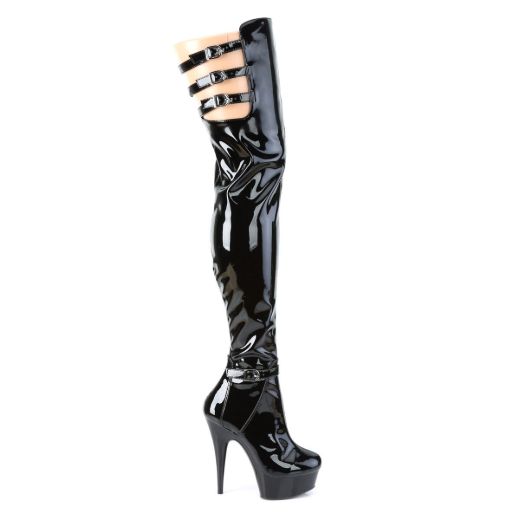 Product image of Pleaser DELIGHT-3055 Black Stretch Patent/Black 6 inch (15.2 cm) Heel 1 3/4 inch (4.5 cm) Platform Multiple Buckles Thigh Boot Side Zip