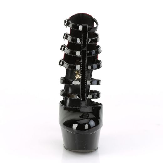 Product image of Pleaser DELIGHT-695 Black-Red Patent/Black 6 inch (15.2 cm) Heel 1 3/4 inch (4.5 cm) Platform Two Tone Buckles Strappy Cage Bootie