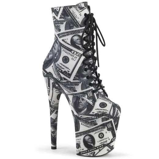 Product image of Pleaser FLAMINGO-1020DP White-Black Fabric/White-Black Fabric 8 inch (20 cm) Heel 4 inch (10 cm) Platform Lace-Up Front Ankle Boot Side Zip