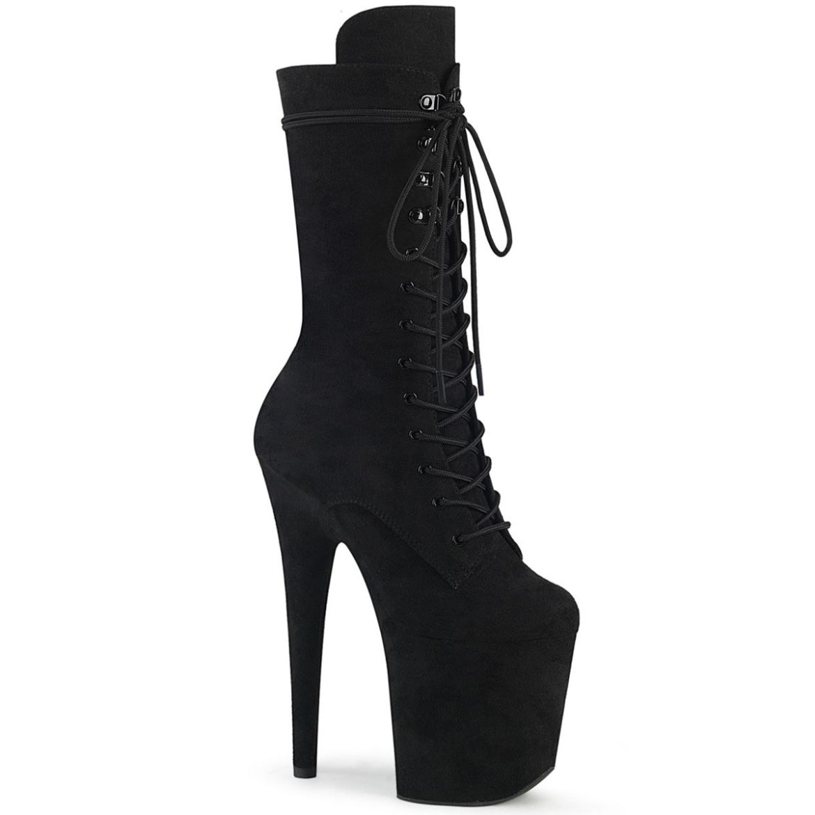 Product image of Pleaser FLAMINGO-1050FS Black Faux Suede/Black Faux Suede 8 inch (20 cm) Heel 4 inch (10 cm) Platform Lace-Up Front Mid Calf Boot Side Zip