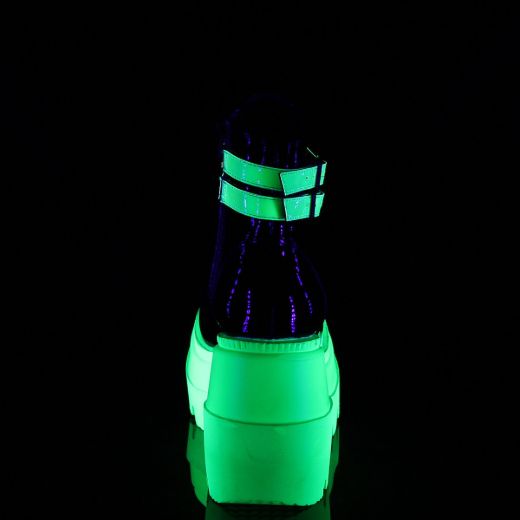 Product image of Demonia SHAKER-52 Black Patent-Blacklight (Uv) Reactive Neon Green 4 1/2 inch Wedge Platform Lace-Up Ankle Boot Side Zip