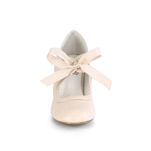 Product image of Pin Up Couture WIGGLE-32 Beige Faux Leather 2 1/2 inch (6.5 cm) Cuben Heel Heel Mary Jane Pump With Ribbon Tie Court Pump Shoes
