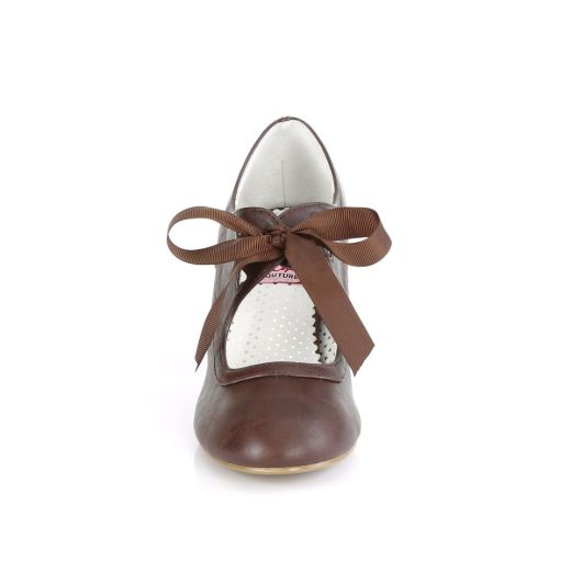 Product image of Pin Up Couture WIGGLE-32 Dark Brown Faux Leather 2 1/2 inch (6.5 cm) Cuben Heel Heel Mary Jane Pump With Ribbon Tie Court Pump Shoes