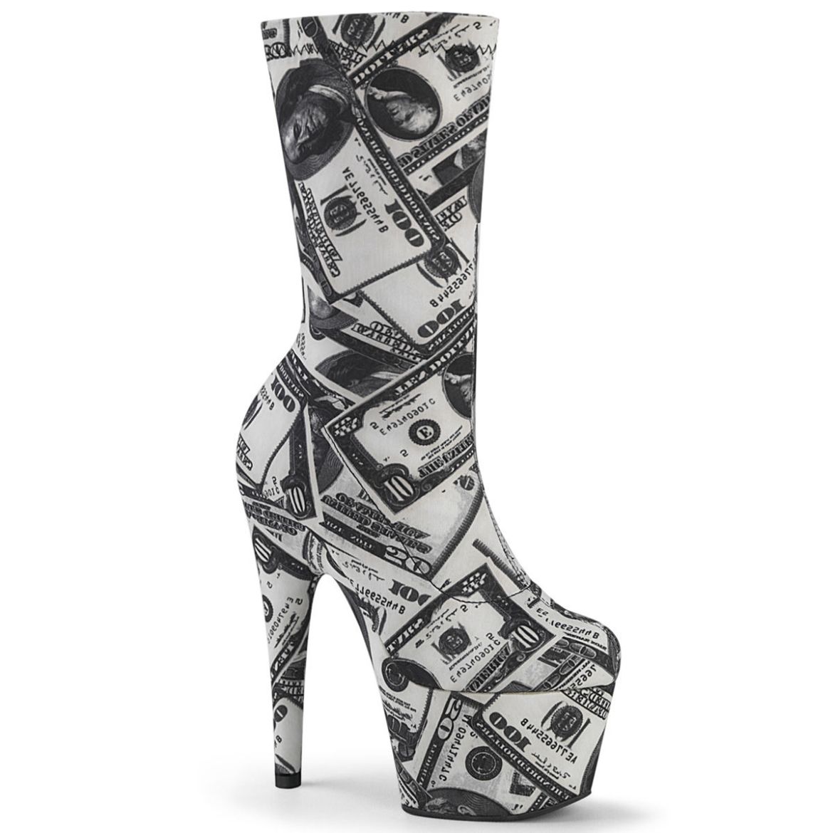 Product image of Pleaser ADORE-1002DP White-Black Stretch Fabric /White-Black Fabric 7 inch (17.8 cm) Heel 2 3/4 inch (7 cm) Platform Pull-On Stretch Sock-Like Ankle Bootie