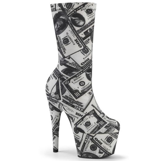 Product image of Pleaser ADORE-1002DP White-Black Stretch Fabric /White-Black Fabric 7 inch (17.8 cm) Heel 2 3/4 inch (7 cm) Platform Pull-On Stretch Sock-Like Ankle Bootie