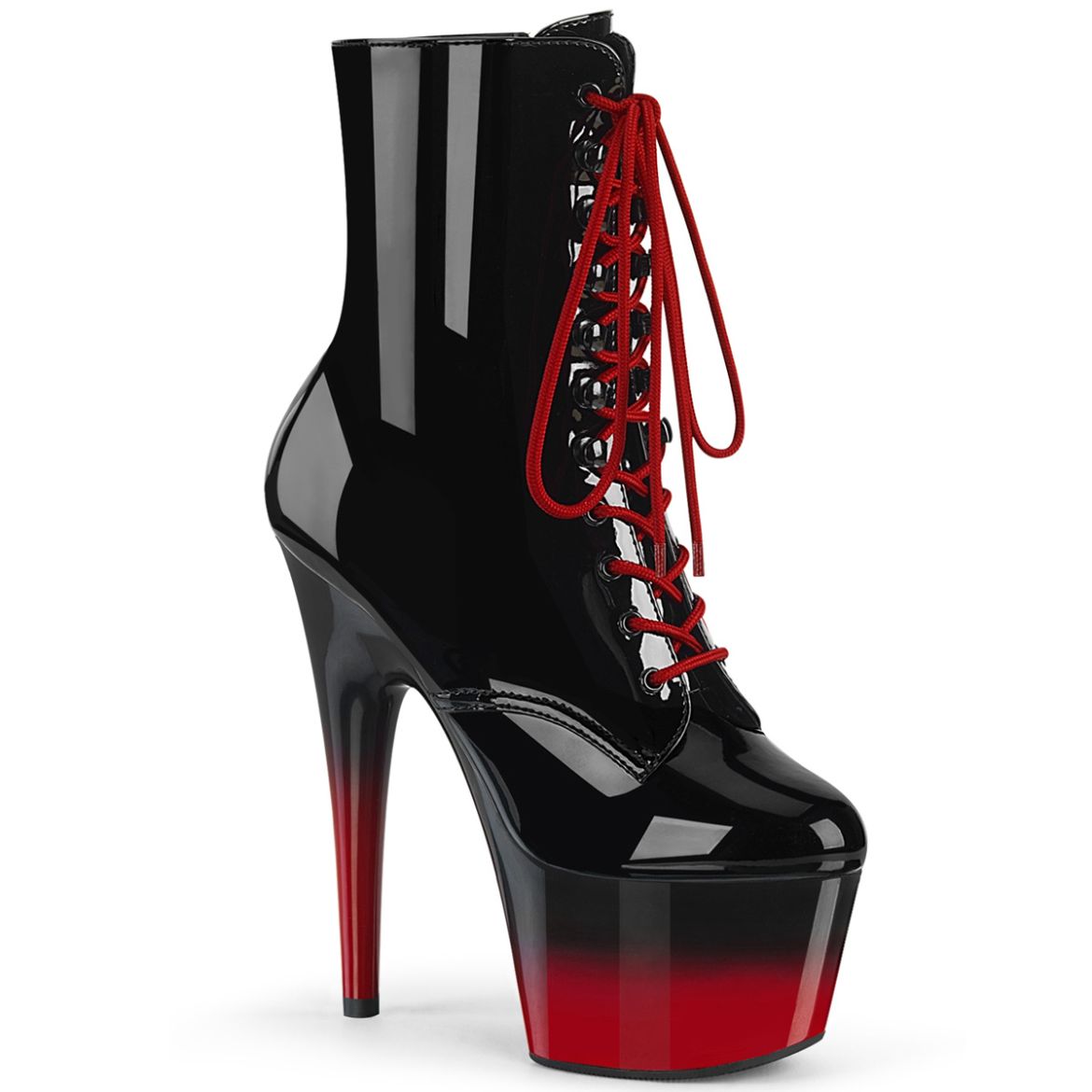 Product image of Pleaser ADORE-1020BR-H Black Patent/Black-Red 7 inch (17.8 cm) Heel 2 3/4 inch (7 cm) Platform Two Tone Lace-Up Ankle Boot Side Zip