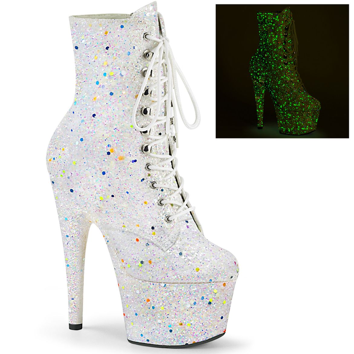 Product image of Pleaser ADORE-1020GDLG Whtie Multicolour Glitter/White Multicolour Glitter 7 inch (17.8 cm) Heel 2 3/4 inch (7 cm) Platform Lace-Up Front Ankle Boot Side Zip