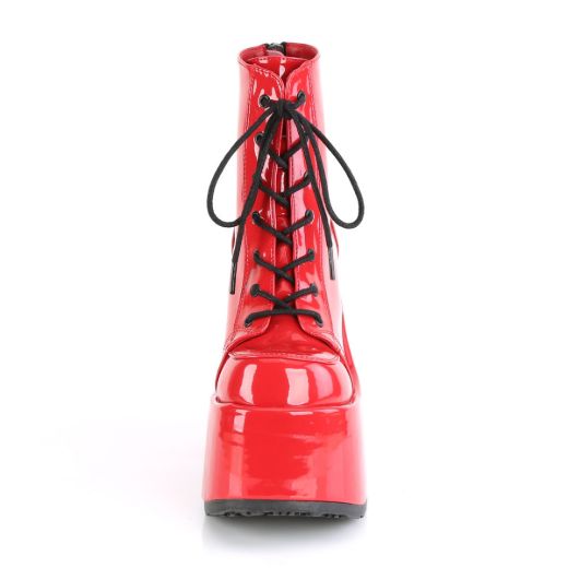 Product image of Demonia CAMEL-203 Red Patent 5 inch (12.7 cm) Chunky Heel 3 inch (7.6 cm) P/F Lace-Up Ankle Boot Metal Back Zip