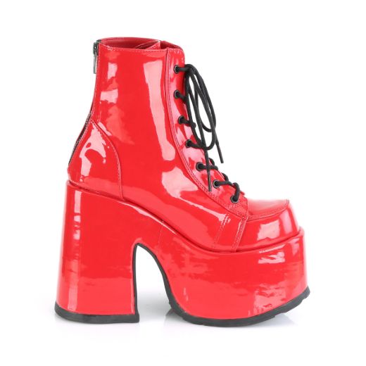 Product image of Demonia CAMEL-203 Red Patent 5 inch (12.7 cm) Chunky Heel 3 inch (7.6 cm) P/F Lace-Up Ankle Boot Metal Back Zip