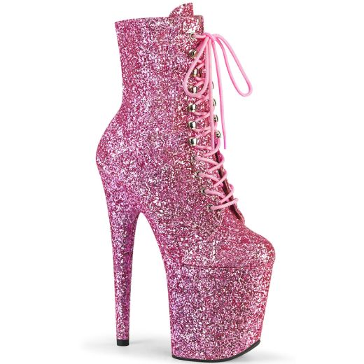 Product image of Pleaser FLAMINGO-1020GWR Baby Pink Glitter/Baby Pink Glitter 8 inch (20 cm) Heel 4 inch (10 cm) Platform Lace-Up Glitter Ankle Boot Side Zip