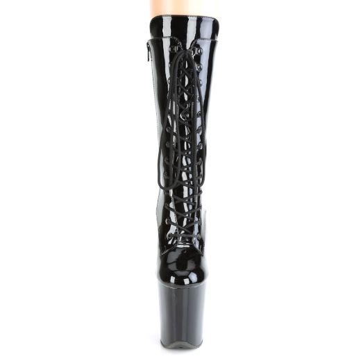 Product image of Pleaser FLAMINGO-1050 Black Patent/Black 8 inch (20 cm) Heel 4 inch (10 cm) Platform Lace-Up Glitter Ankle Boot Side Zip