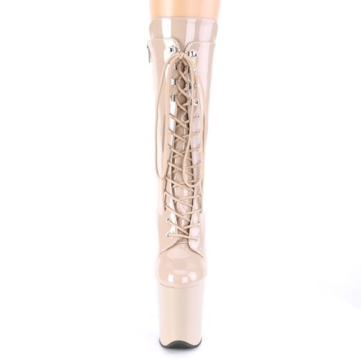 Product image of Pleaser FLAMINGO-1050 Nude Patent/Nude 8 inch (20 cm) Heel 4 inch (10 cm) Platform Lace-Up Glitter Ankle Boot Side Zip