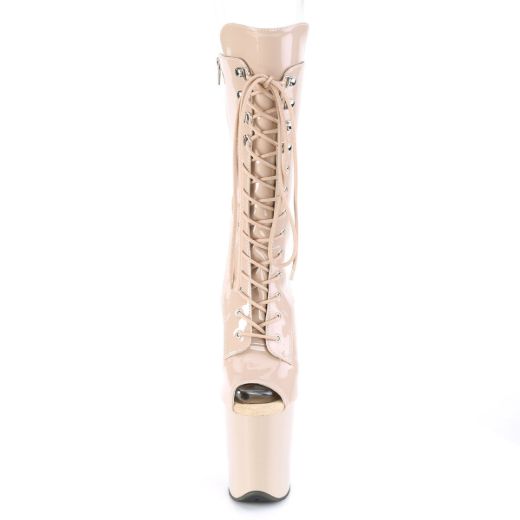 Product image of Pleaser FLAMINGO-1051 Nude Patent/Nude 8 inch (20 cm) Heel 4 inch (10 cm) Platform Lace-Up Glitter Ankle Boot Side Zip