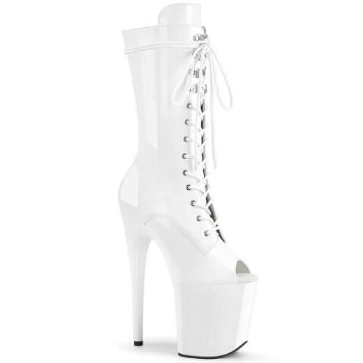 Product image of Pleaser FLAMINGO-1051 White Patent/White 8 inch (20 cm) Heel 4 inch (10 cm) Platform Lace-Up Glitter Ankle Boot Side Zip