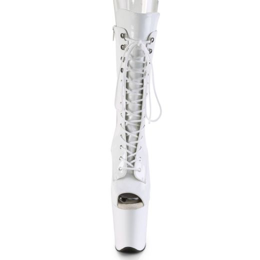 Product image of Pleaser FLAMINGO-1051 White Patent/White 8 inch (20 cm) Heel 4 inch (10 cm) Platform Lace-Up Glitter Ankle Boot Side Zip