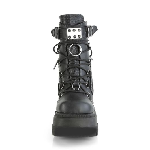 Product image of Demonia SHAKER-60 Black Vegan Faux Leather 4 1/2 inch Wedge Platform Lace-Up Ankle Boot Back Metal Zip