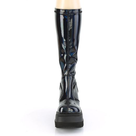 Product image of Demonia SHAKER-65 Stretch Black Patent Holographic 4 1/2 inch Wedge Platform Stretch Knee High Boot Back Zip