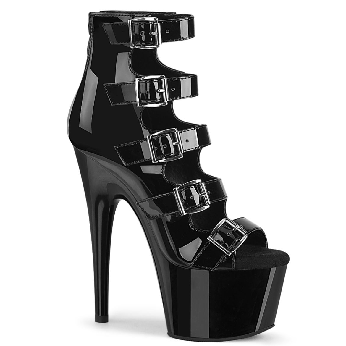 Product image of Pleaser ADORE-700-33 Black Patent/Black 7 inch (17.8 cm) Heel 2 3/4 inch (7 cm) Platform Buckles-Up Strappy Ankle Bootie Back Zip