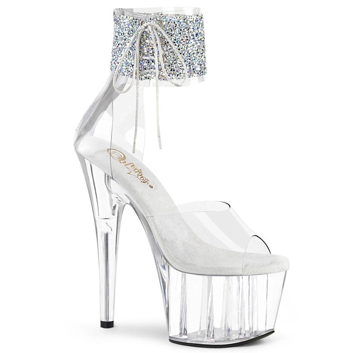 Product image of Pleaser ADORE-724RS-02 Clear/Black 7 inch (16.8 cm) Heel 2 3/4 inch (7 cm) Platform Ankle Cuff Sandal With Rhinestones Back Zip
