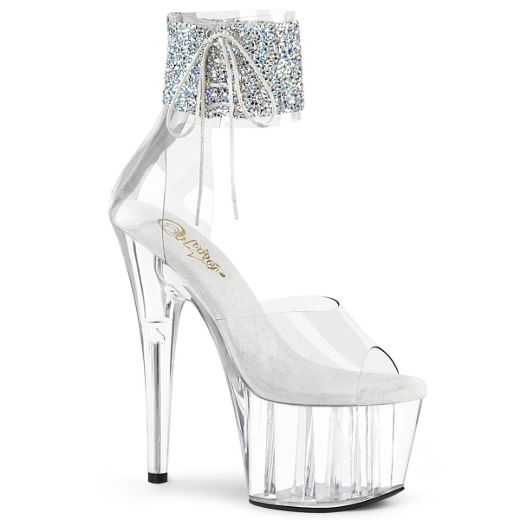 Product image of Pleaser ADORE-724RS-02 Clear/Black 7 inch (16.8 cm) Heel 2 3/4 inch (7 cm) Platform Ankle Cuff Sandal With Rhinestones Back Zip