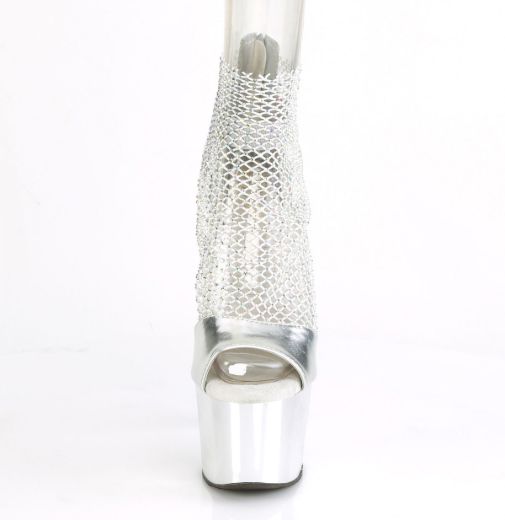 Product image of Pleaser ADORE-765RM Silver Metallic Polyurethane (Pu)-Rhinestones Mesh/Silver Chrome 7 inch (17.8 cm) Heel 2 3/4 inch (7 cm) Platform Close Back Shootie Sandal Back Zip Shoes
