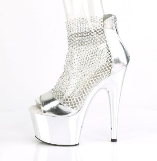 Product image of Pleaser ADORE-765RM Silver Metallic Polyurethane (Pu)-Rhinestones Mesh/Silver Chrome 7 inch (17.8 cm) Heel 2 3/4 inch (7 cm) Platform Close Back Shootie Sandal Back Zip Shoes