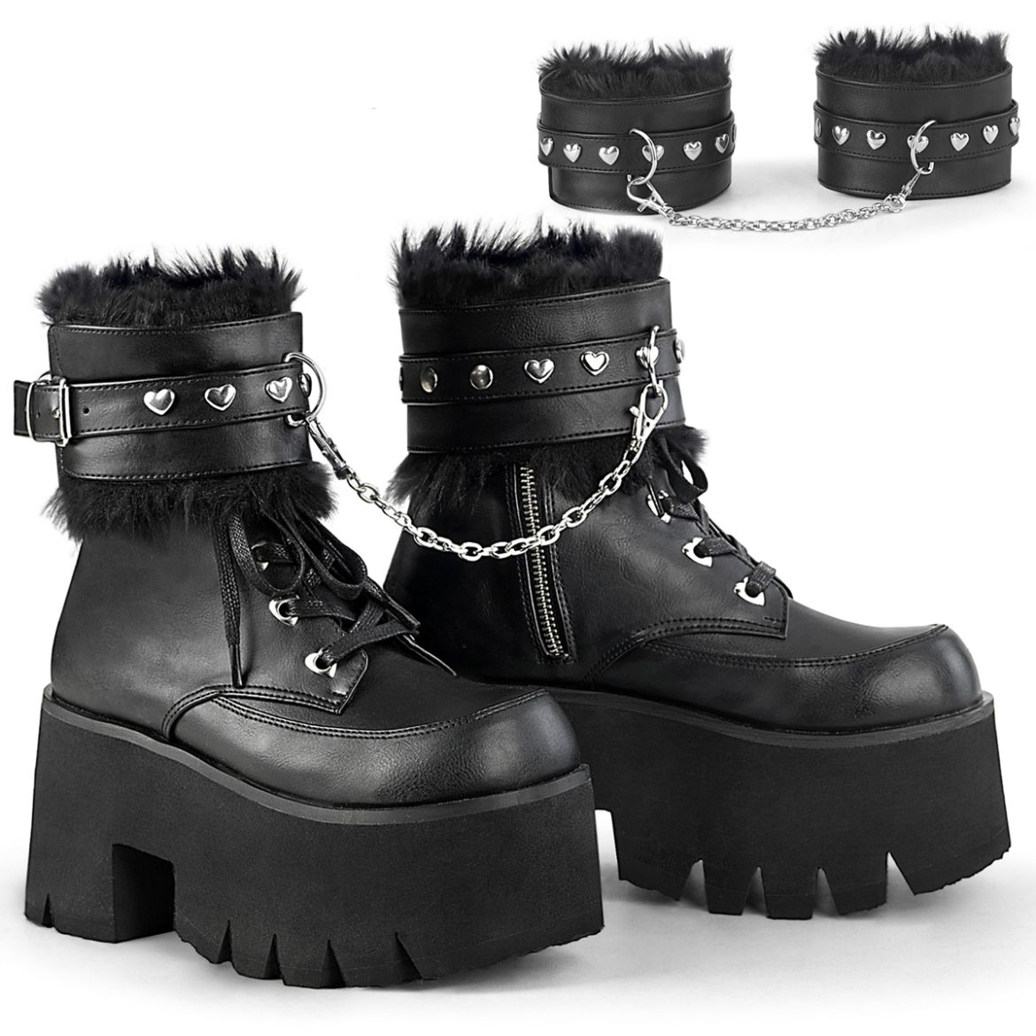 Product image of Demonia ASHES-57 Black Vegan Faux Leather 3 1/2 inch (9 cm) Chunky Heel 2 1/4 inch (5.7 cm) Platform Lace-Up Ankle Bt Side Zip