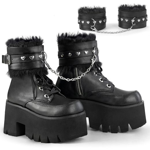 Product image of Demonia ASHES-57 Black Vegan Faux Leather 3 1/2 inch (9 cm) Chunky Heel 2 1/4 inch (5.7 cm) Platform Lace-Up Ankle Bt Side Zip
