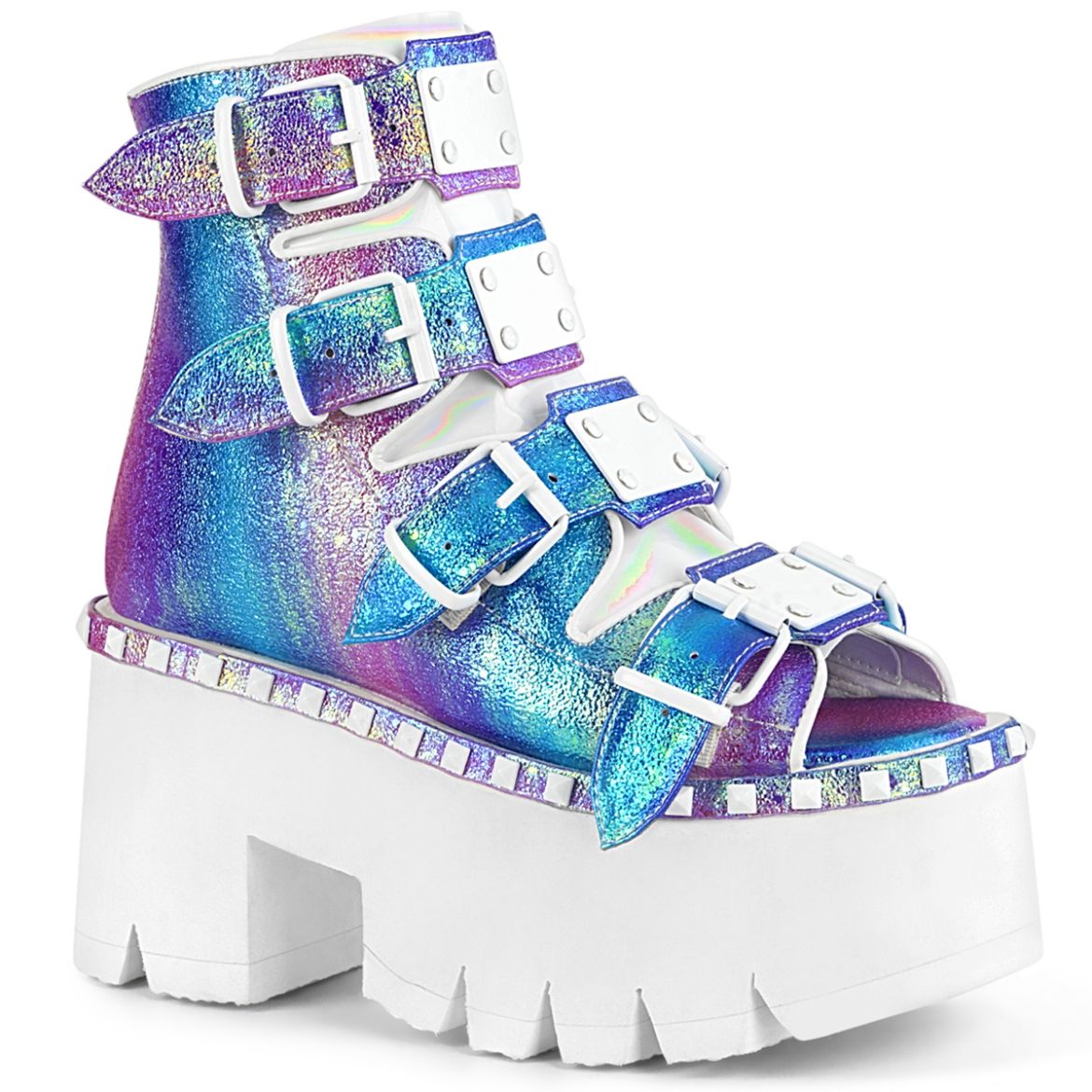 Product image of Demonia ASHES-70 Purple Multicolour Iridescent V Faux Leather 3 1/2 inch (9 cm) Chunky Heel 2 1/4 inch Platform Ankle Boot Back Metal Zip
