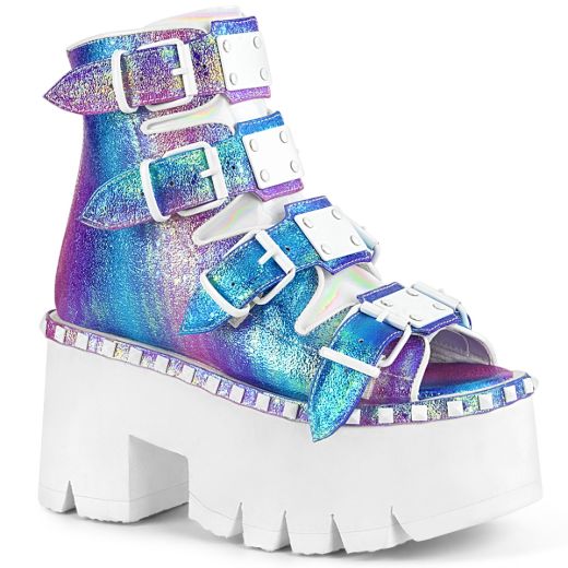 Product image of Demonia ASHES-70 Purple Multicolour Iridescent V Faux Leather 3 1/2 inch (9 cm) Chunky Heel 2 1/4 inch Platform Ankle Boot Back Metal Zip