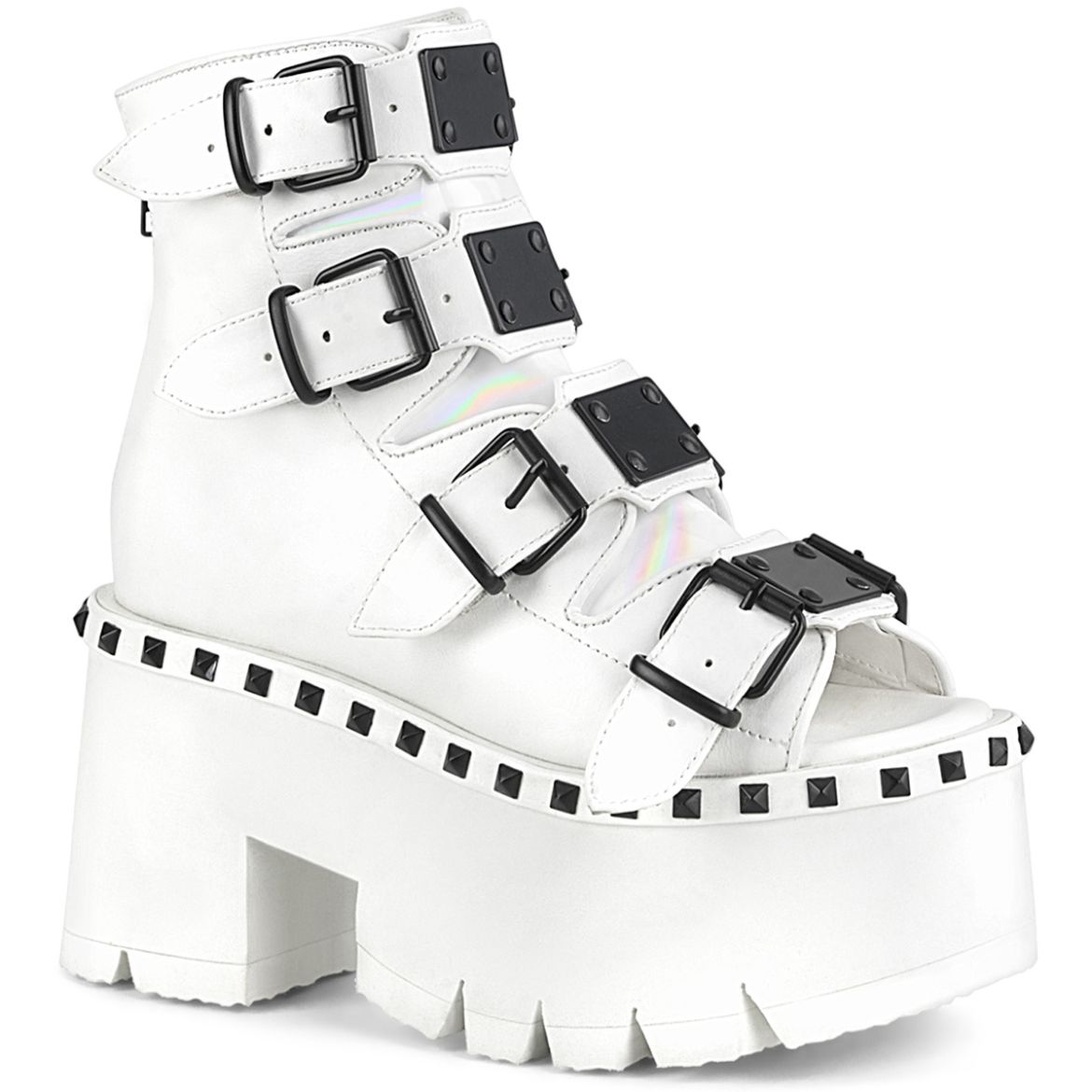 Product image of Demonia ASHES-70 White Vegan Faux Leather 3 1/2 inch (90 cm) Chunky Heel 2 1/4 inch Platform Ankle Boot Back Metal Zip