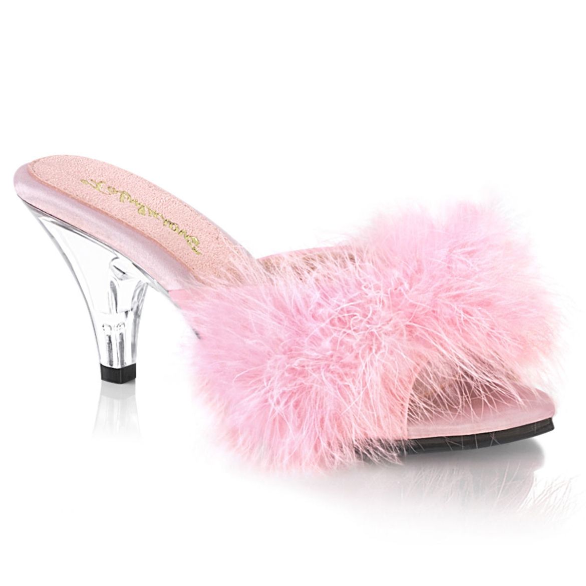 Product image of Fabulicious BELLE-301F Baby Pink Polyurethane (Pu)-Faux Fur/Clear 3 inch (7.6 cm) Heel 1/8 inch (0.3 cm) Mini Platform Faux Feathers Faux Fur Slide Slide Mule Shoes