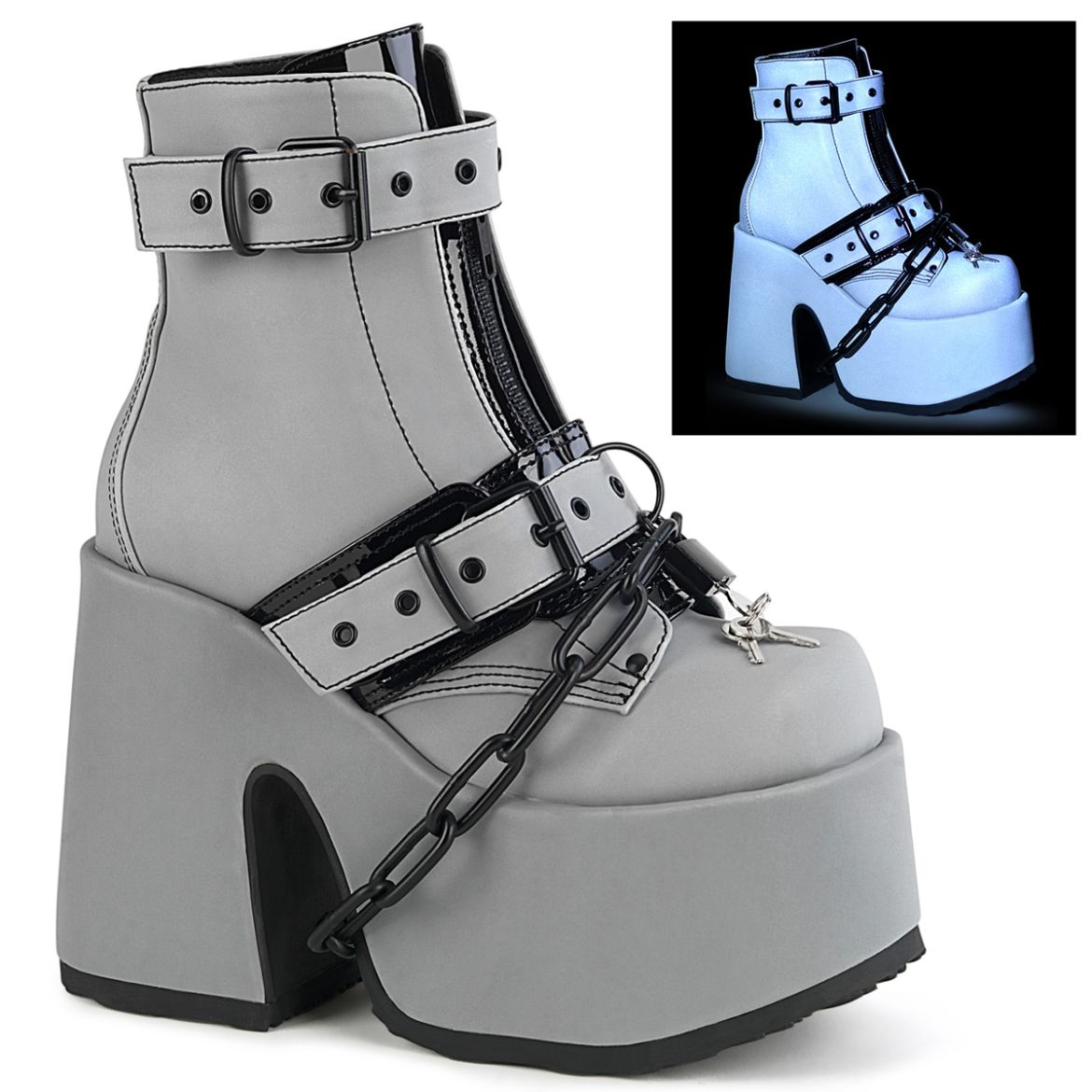 Product image of Demonia CAMEL-205 Grey Reflective Vegan Faux Leather 5 inch (12.7 cm) Chunky Heel 3 inch (7.5 cm) P/F Lace-Up Ankle Boot Front Metal Zip