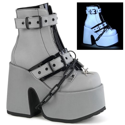 Product image of Demonia CAMEL-205 Grey Reflective Vegan Faux Leather 5 inch (12.7 cm) Chunky Heel 3 inch (7.5 cm) P/F Lace-Up Ankle Boot Front Metal Zip