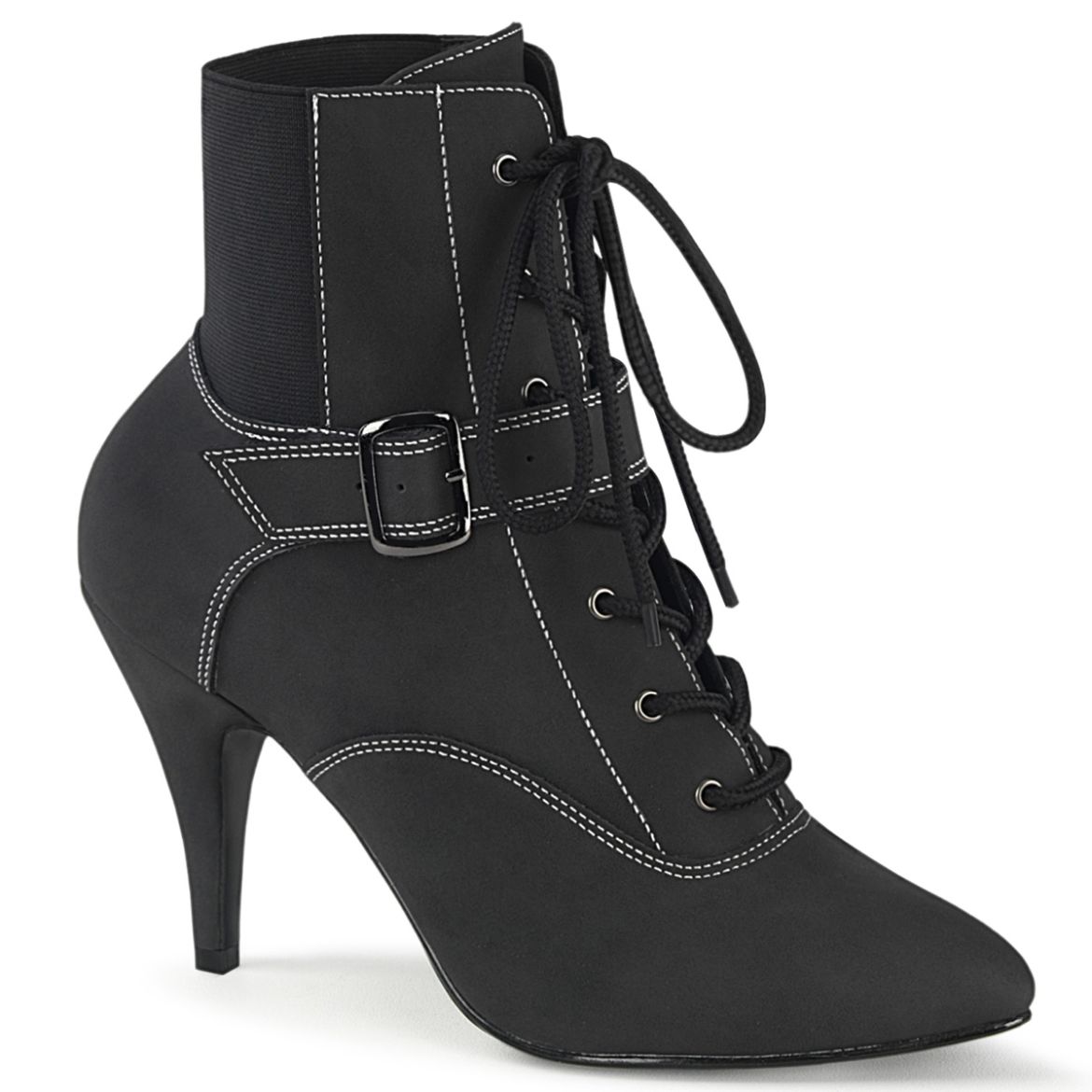 Product image of Pleaser Pink Label DREAM-1022 Black Faux Faux Suede Faux Leather 4 inch (10.1 cm) Heel Buckles Lace-Up Ankle Boot