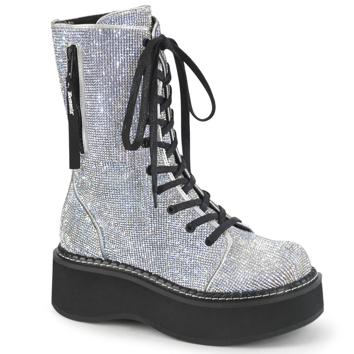 Product image of Demonia EMILY-362 Silver Vegan Faux Leather-Rhinstone 2 inch Platform Calf High Lace-Up Boot With  Zip Pocket Metal Side Zip