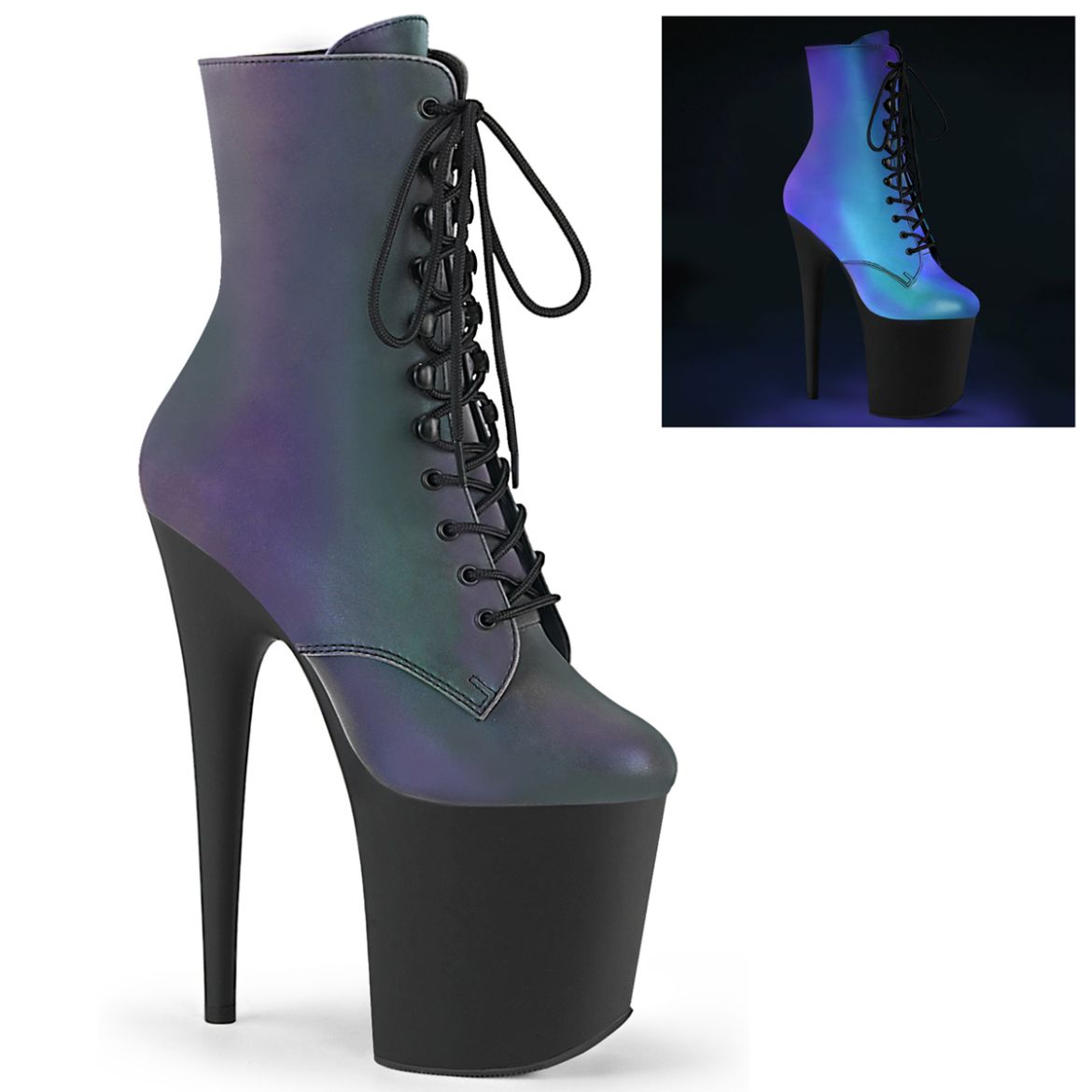 Product image of Pleaser FLAMINGO-1020REFL Green Multicolour Reflective/Black Matte 8 inch (20 cm) Heel 4 inch (10 cm) Platform Lace-Up Front Ankle Boot Side Zip