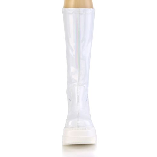 Product image of Demonia SHAKER-65 White Holographic 4 1/2 inch Wedge Platform Stretch Knee High Boot Back Zip