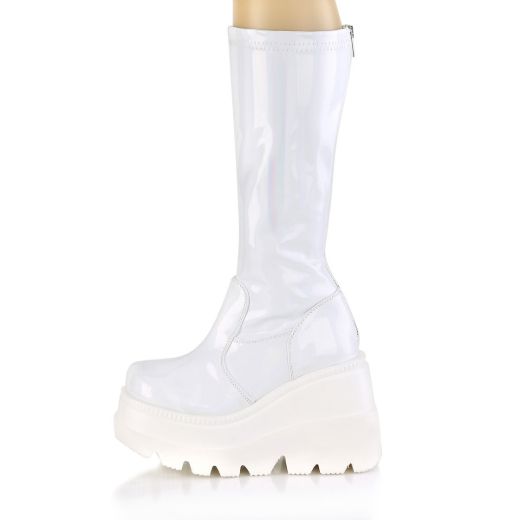 Product image of Demonia SHAKER-65 White Holographic 4 1/2 inch Wedge Platform Stretch Knee High Boot Back Zip