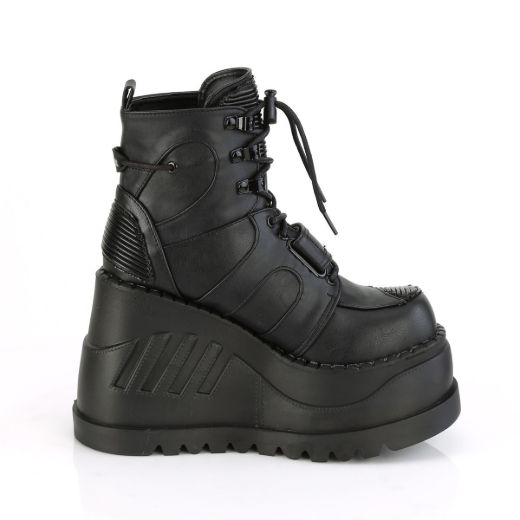 Product image of Demonia STOMP-13 Black Vegan Faux Leather 4 3/4 inch Wedge Platform Lace-Up Ankle Boot With  Hook & Loop Straps